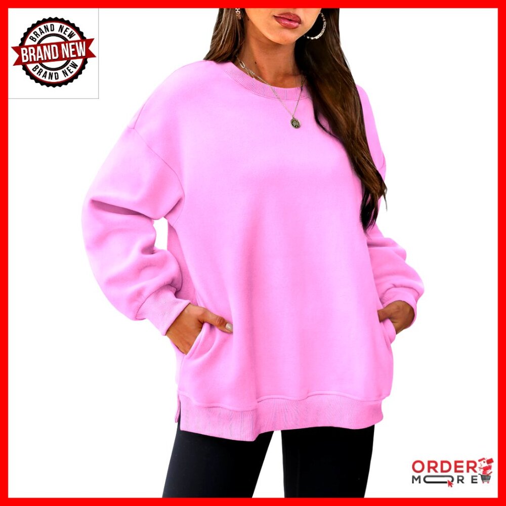 Oversized Fleece Pullover Sweatshirt With Side Pockets, Long Sleeve Crewneck